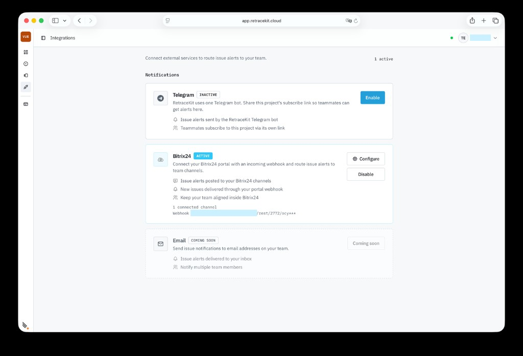 RetraceKit alert integrations for Telegram and internal messengers
