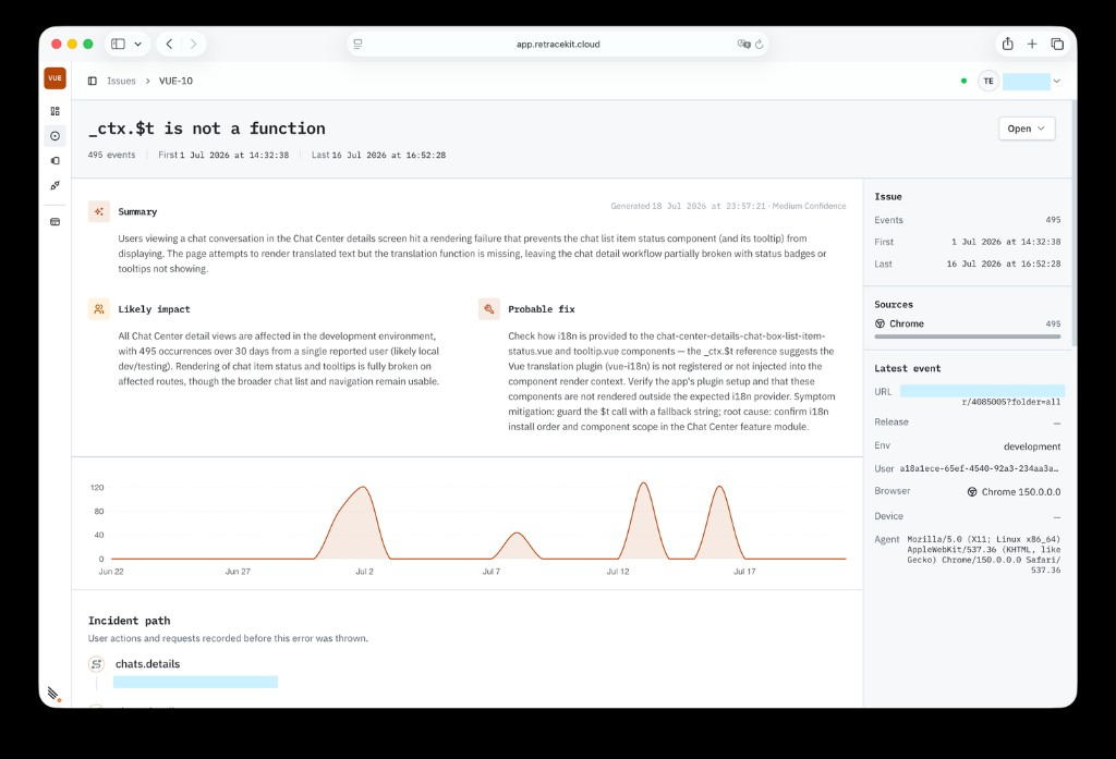 RetraceKit issue page with AI summary of cause and impact